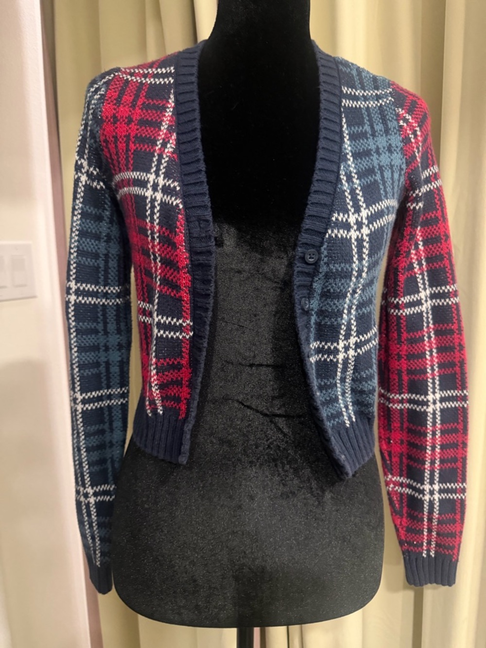 Hollister Plaid V-Neck Button Cardigan - Navy, Red, White